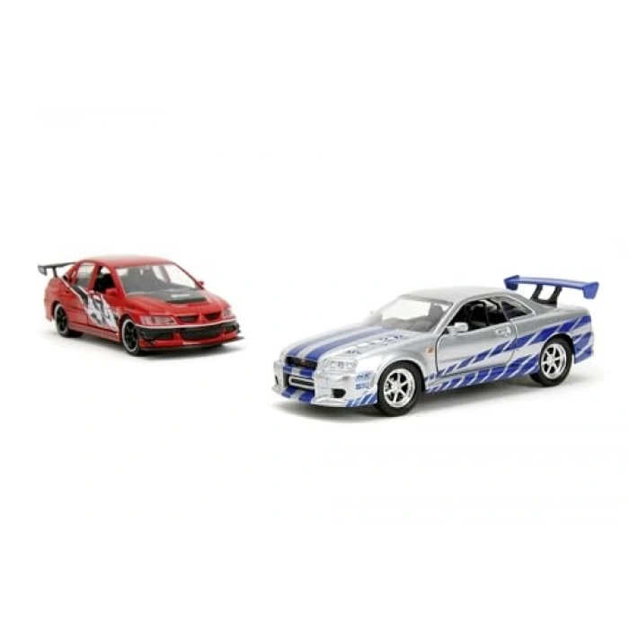 Jada Toys - Fast and Furious Arabalar (2li Set) - tsubishi Lancer Evolution IX & Brians Nissan Skyline GT-R (R34) Lecy Series Model Araba, Açılabilir Kapılı, 1:32 Ölçek 13 cm.