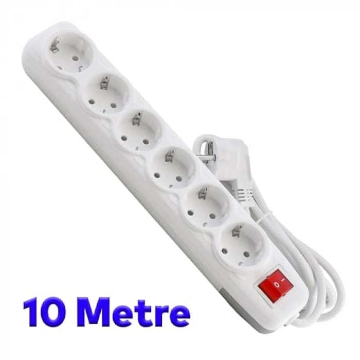 Kablolu 6lı Topraklı Grup Priz, 10 Metre, Düğmeli Anahtar