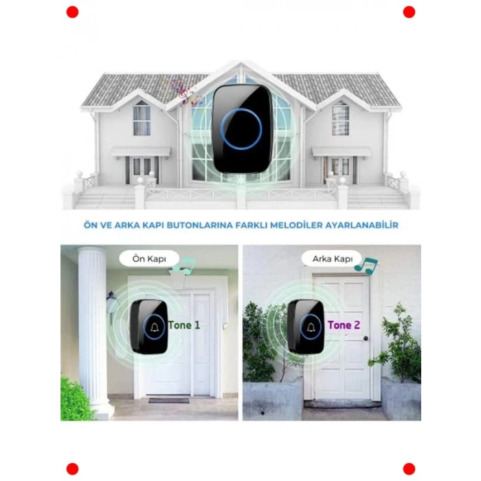 Kablosuz Kapı Zili Seti, 2 Buton, 60 Melodi