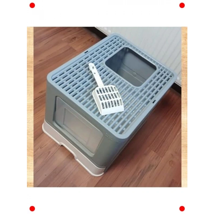 Kapalı Çekmeceli Büyük Boy Kedi Tuvaleti + Kürek (Mavi)