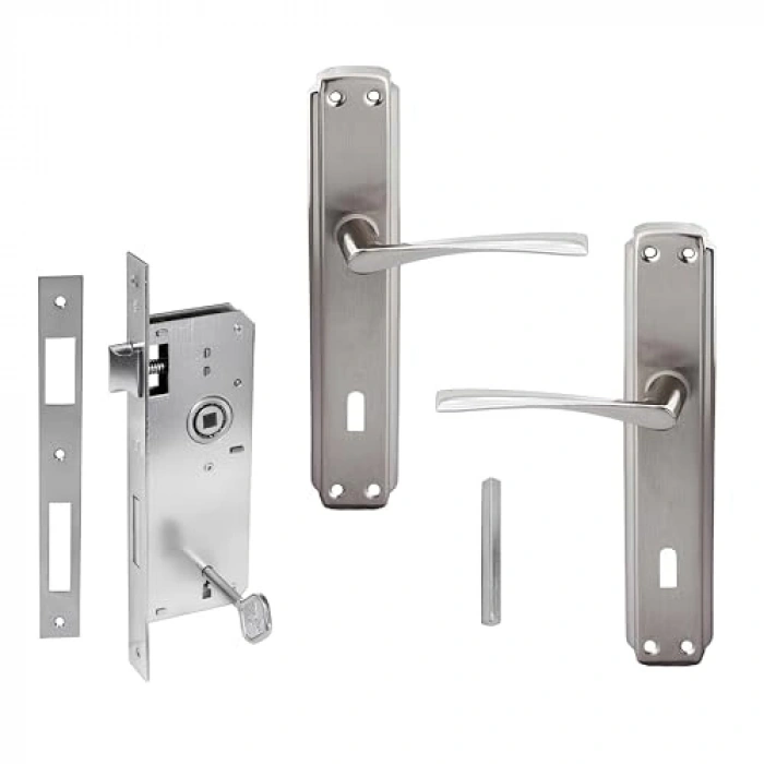 Kapı Kolu ve Ekstra Gömme Kilit Seti, Nikel Saten