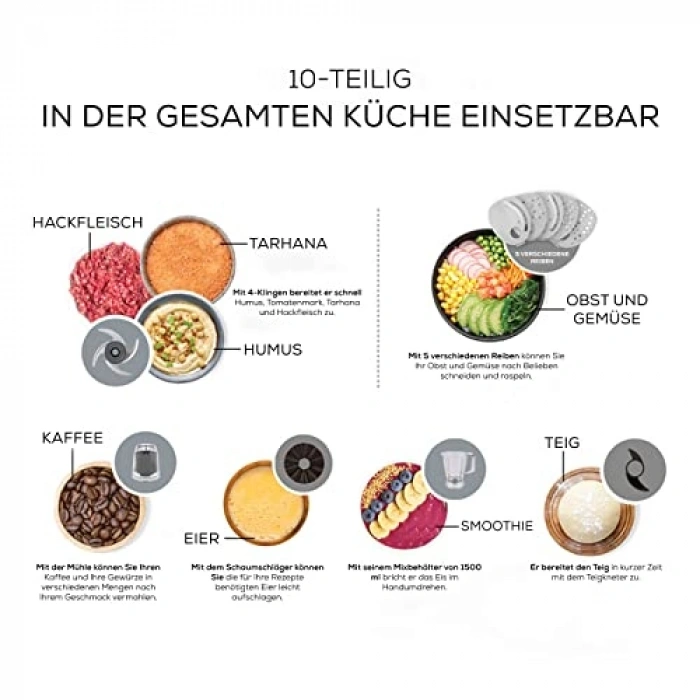 Karaca maid Power Multifunctional 10 in 1 laxy Grey Mutfak Robotu 2000w