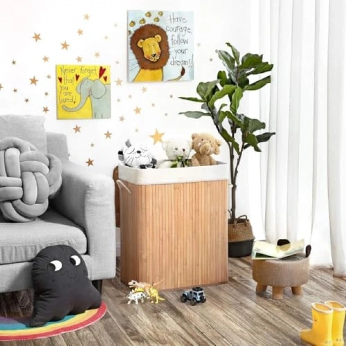 Katlanabilir Bambu Çamaşır Sepeti, 2 Bölmeli