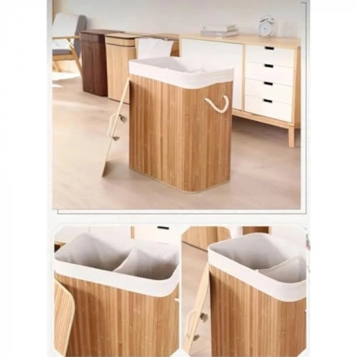 Katlanabilir Bambu Çamaşır Sepeti, 2 Bölmeli
