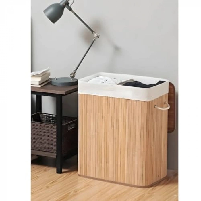 Katlanabilir Bambu Çamaşır Sepeti, 2 Bölmeli