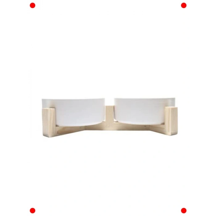 Kedi & Köpek İçin Çiftli Seramik Mama Su Kabı (Ahşap Stand)