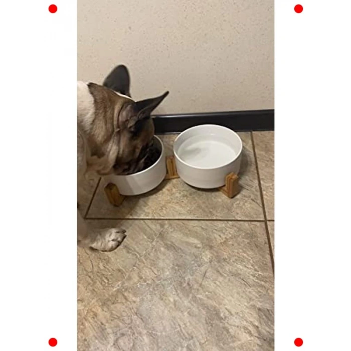 Kedi & Köpek İçin Çiftli Seramik Mama Su Kabı (Ahşap Stand)