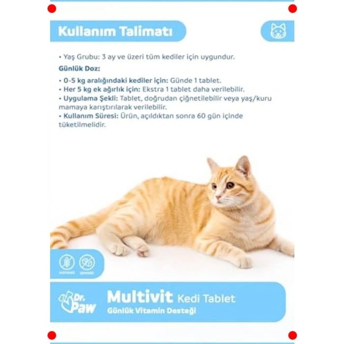 Kediler İçin Glütensiz Multivitamin Tablet 60 Adet
