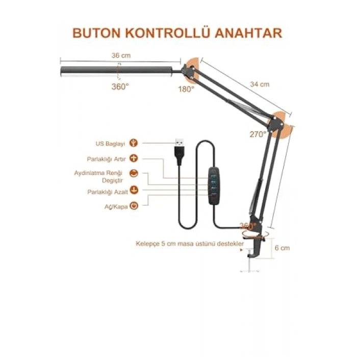 Kelepçeli LED Masa Lambası, Ayarlanabilir Kol ve Göz Yormayan Işık