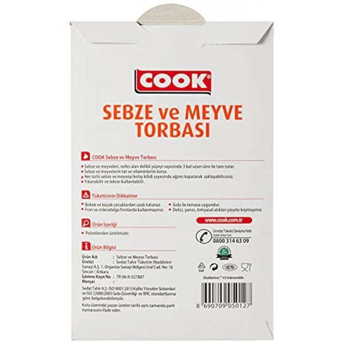 Kilitli Sebze Meyve Torbası, 25x29 cm, 5 Adet/Kutu, Pratik Kullanım