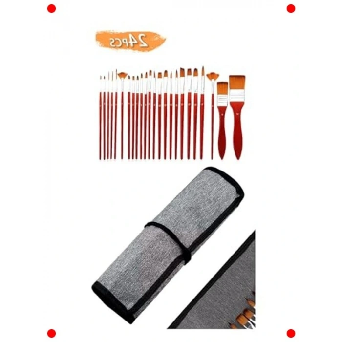 Kırmızı 24 Parçalı Profesyonel Sanat Fırça Seti