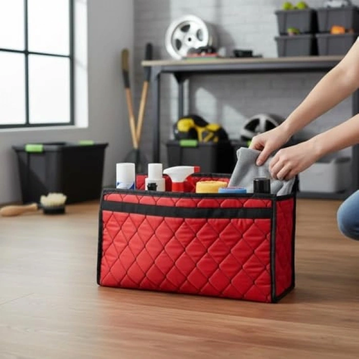 Kırmızı Deri Kumaş Araç İçin Katlanabilir Organizer, 50x25x15 cm