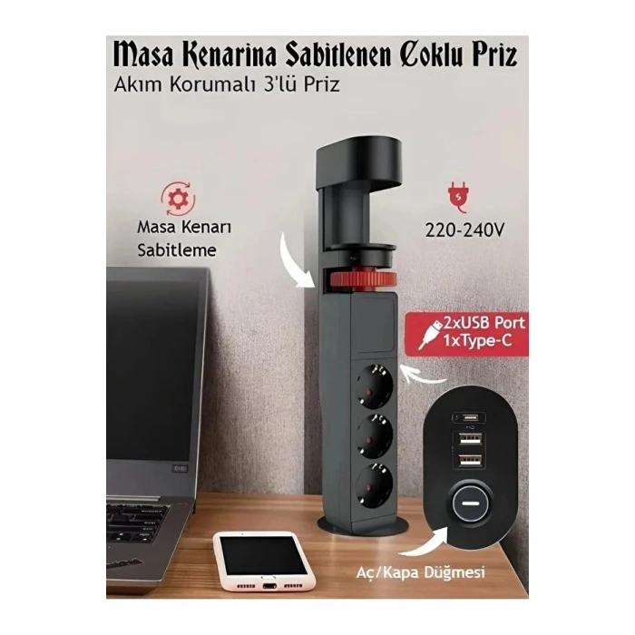Klipsli Ayarlanabilir Priz, 3lü + 2 USB-A + 1 USB-C