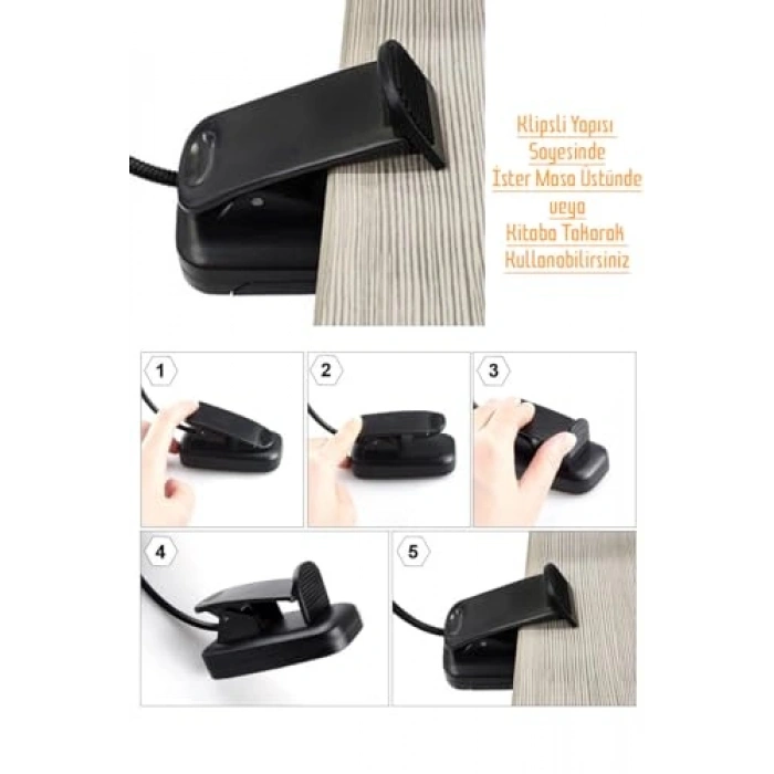 Klipsli Led Kitap Okuma Lambası, Mandallı ve Pille Çalışıyor