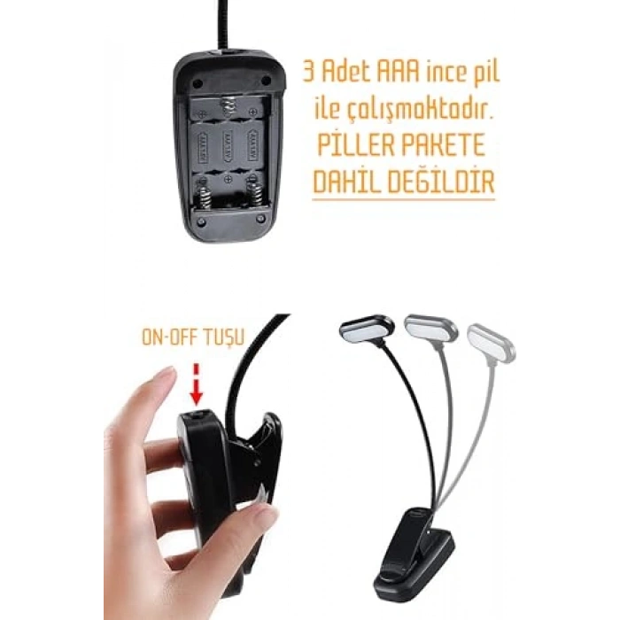 Klipsli Led Kitap Okuma Lambası, Mandallı ve Pille Çalışıyor
