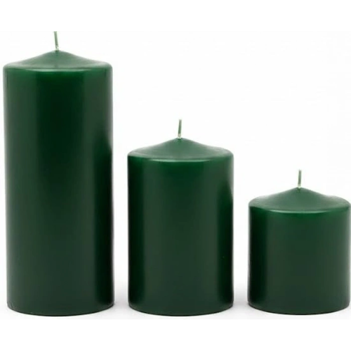 Koyu Yeşil 3lü Silindir Blok Mum Seti, 7 cm Çapında