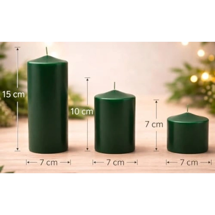 Koyu Yeşil 3lü Silindir Blok Mum Seti, 7 cm Çapında
