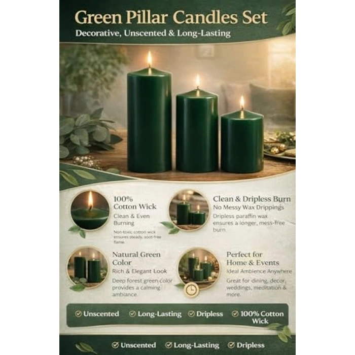 Koyu Yeşil 3lü Silindir Blok Mum Seti, 7 cm Çapında