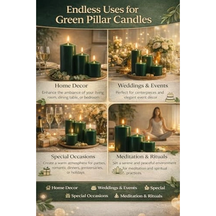 Koyu Yeşil 3lü Silindir Blok Mum Seti, 7 cm Çapında