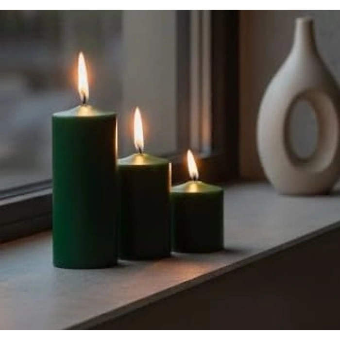 Koyu Yeşil 3lü Silindir Blok Mum Seti, 7 cm Çapında