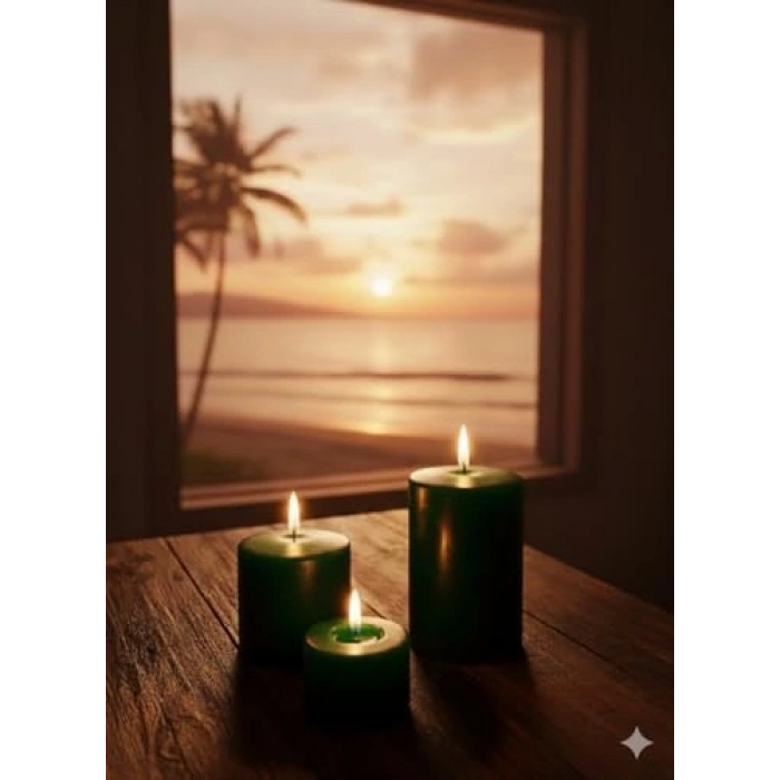 Koyu Yeşil 3lü Silindir Blok Mum Seti, 7 cm Çapında