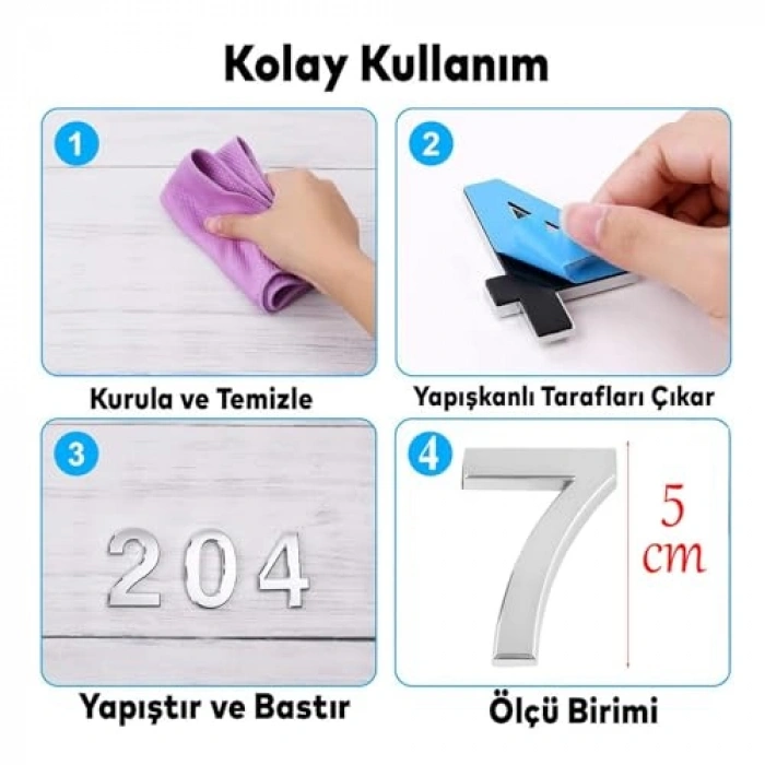 Küçük Boy Yapışkanlı Kapı Numarası, 50 mm Krom Renk