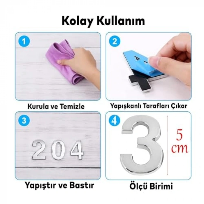 Küçük Boy Yapışkanlı Kapı Numarası, 50 mm Krom Renk