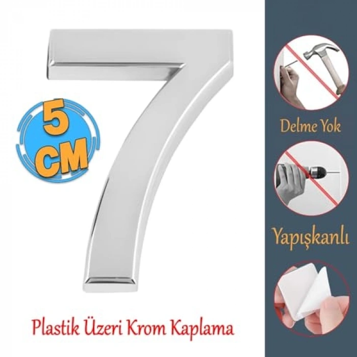 Küçük Boy Yapışkanlı Kapı Numarası, 50 mm Krom Renk