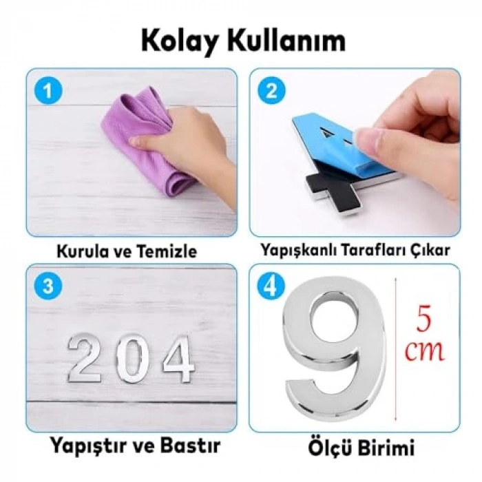Küçük Boy Yapışkanlı Kapı Numarası, Krom Renk Seçeneği