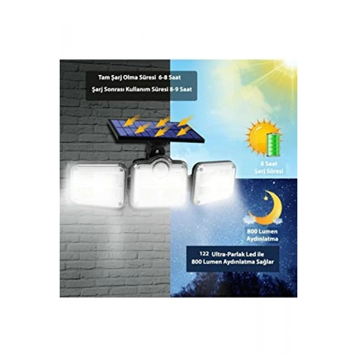 Kumandalı güneş enerjili hareket sensörlü bahçe lambası, 122 led