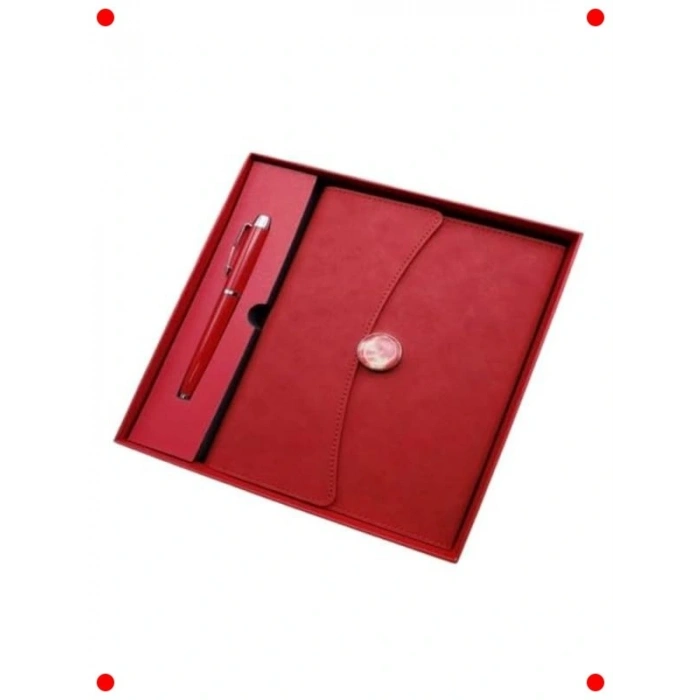 Kutulu Deri Defter ve Kalem Hediye Seti - Kırmızı