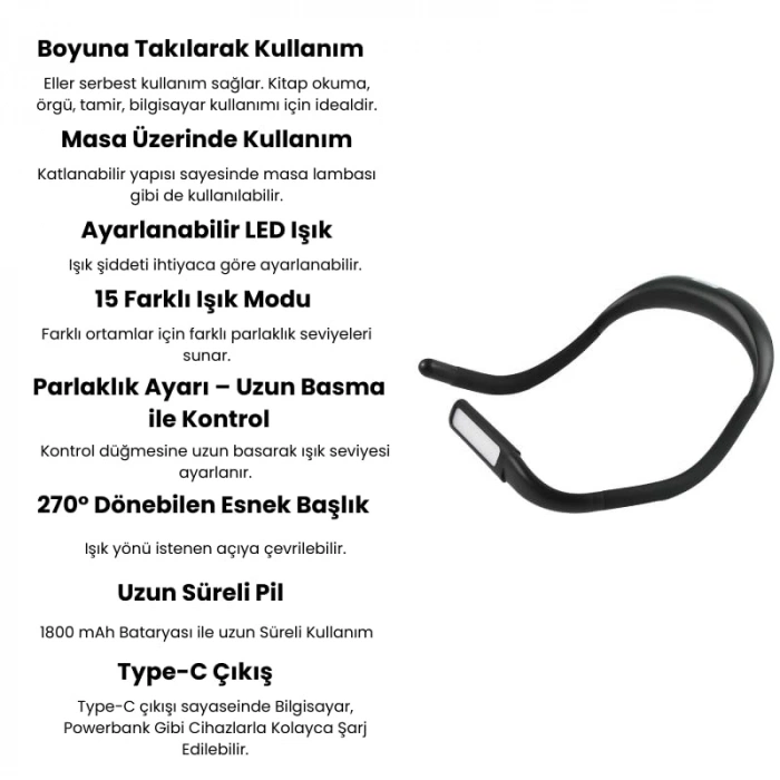 LED Okuma Lambası, 3 Renk Işık ve 15 Mod, Şarjlı ve Ayarlanabilir
