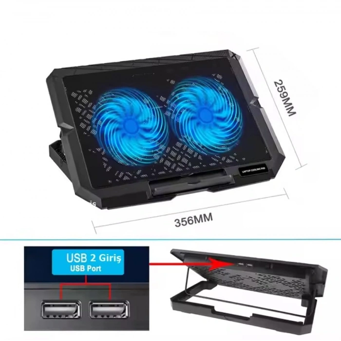 Ledli Çift Fanlı Notebook Soğutucu, Telefon Standlı Tasarım