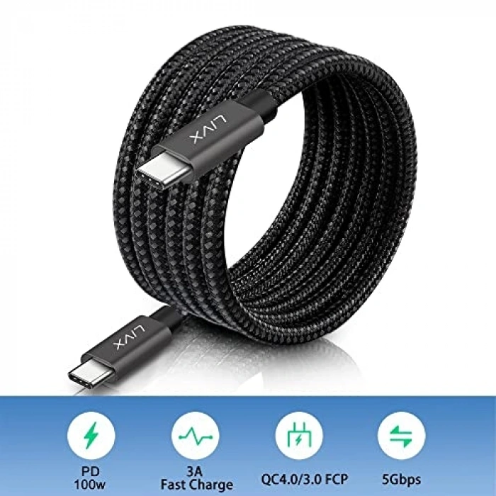 LivX Solid 100w 5a Type C To Type C PD 2.0 5 Gbps 25 CM Hızlı Şarj Ve Data Kablosu Halat Örgülü Space Gray TCT-25