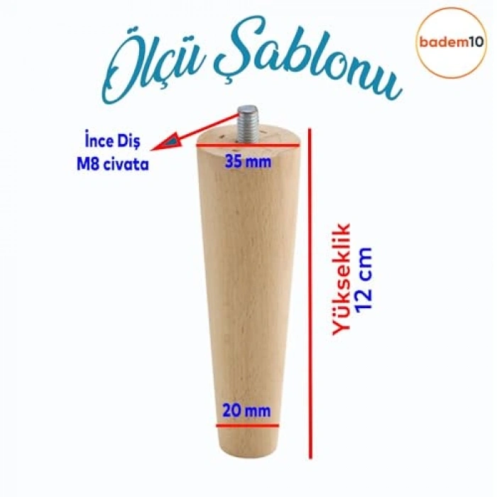 M8 Civatalı Ahşap Koltuk Ayağı, 12 cm, 8li Set