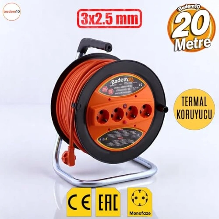 Makaralı Uzatma Kablosu, 3x2.5 mm, 20 Metre, 4 Prizli