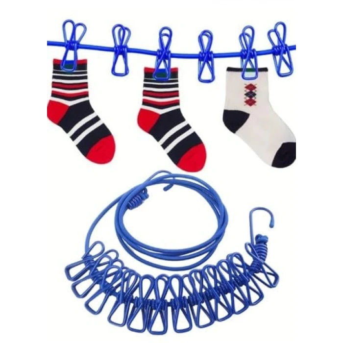 Mandallı Taşınabilir Balkon Koridor İpi, 12 Adet Set