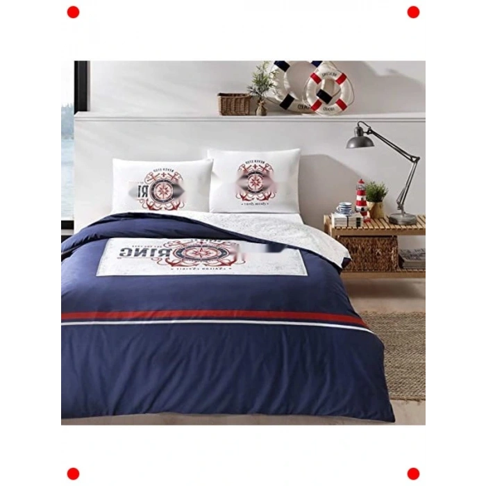 Marin Desenli Tek Kişilik Pamuk Nevresim Takımı - Lacivert