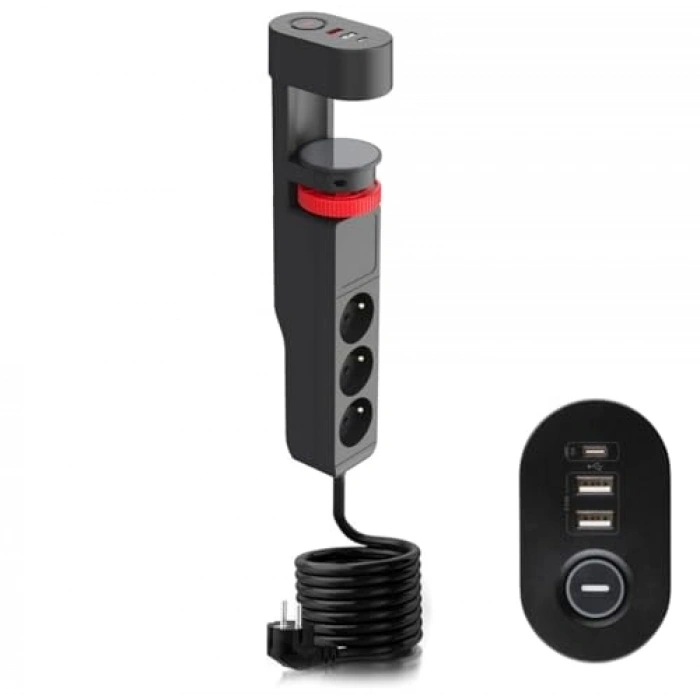 Masa Kenarı Ayarlanabilir 3 Priz + 2 USB + 1 Type C Girişli Priz