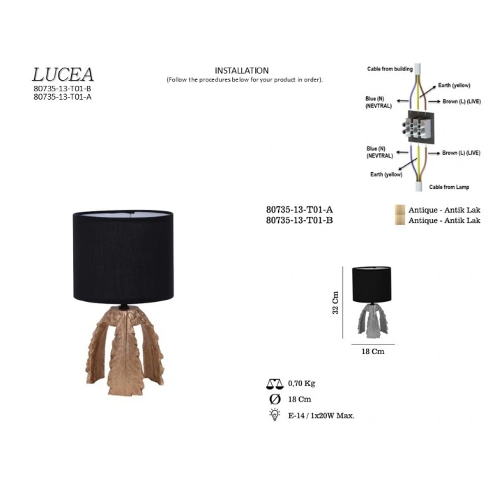 Masa Lambası, 1xE14 Ampul ile Kullanıma Uygun