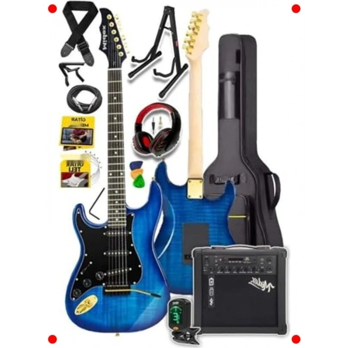 Mavi Elektro Gitar Seti: Şarjlı Amfi, Kulaklık, Tam Set