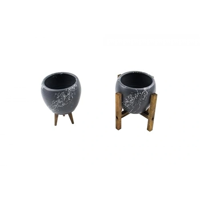 Mermer Efektli Gri Beyaz Saksı, 15 cm İkili Set