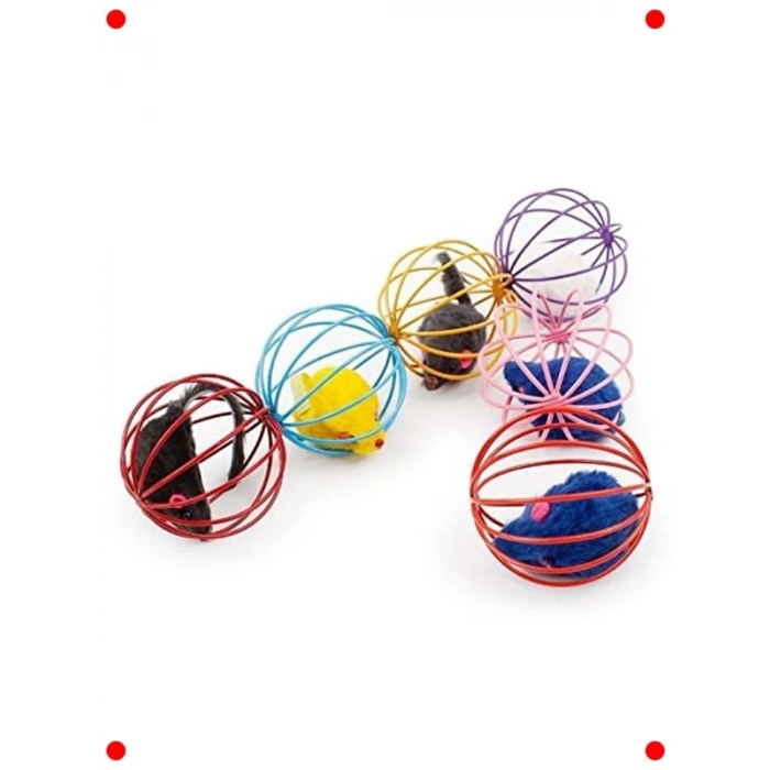 Metal Kafesli Peluş Fareli Kedi & Köpek Oyun Topu 6 cm