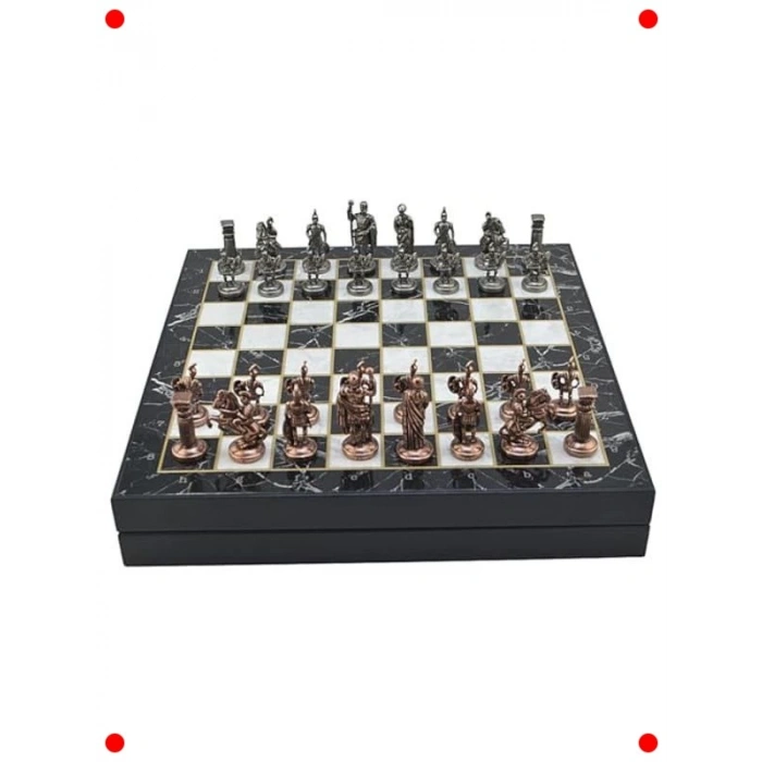 Metal Roma Satranç Takımı - Antik Mermer Desenli Sandıklı Tahta