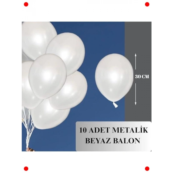 Metalik Beyaz Balon Seti - 10 Adet, Parti Süslemeleri