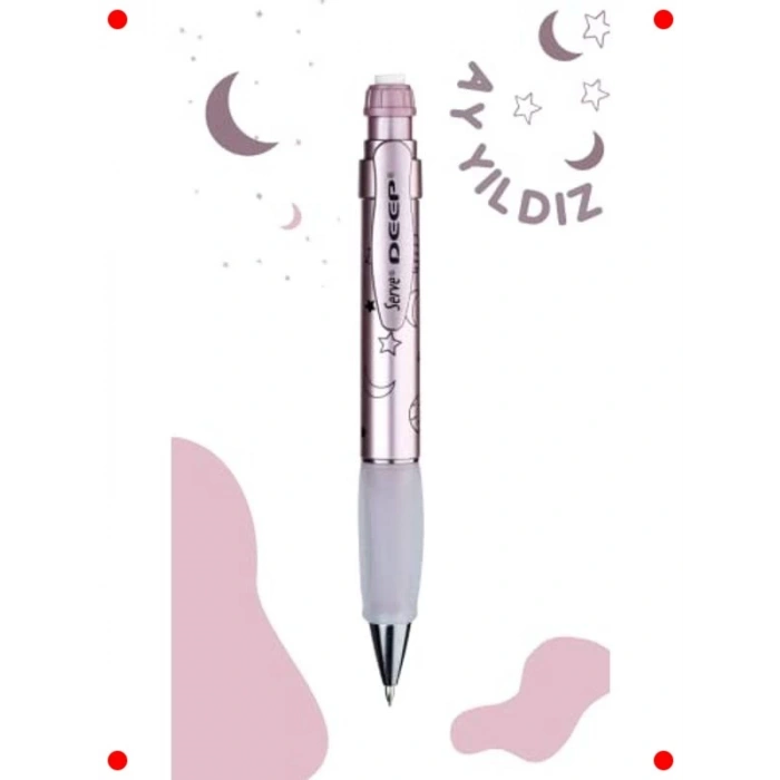 Metalik Roze 0.7 mm Mekanik Kalem - Ay Yıldız Desenli