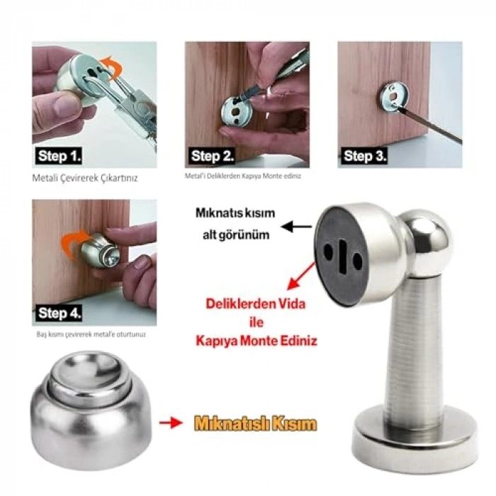 Mıknatıslı Metal Kapı Tutucu, Durdurucu Stoper Vidalı, Krom