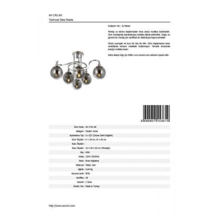 Modern Avize, Krom Kaplama, 55 cm