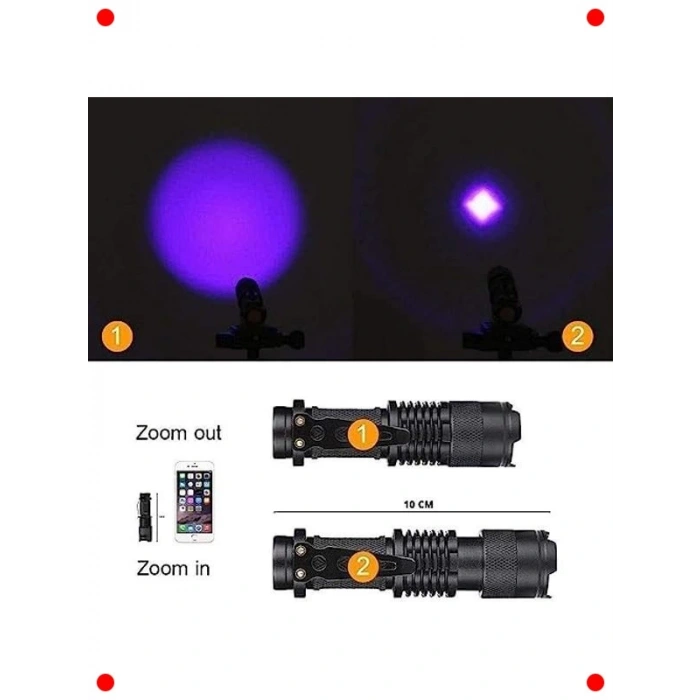 Mor Işık UV El Feneri, 600 Lümen, Zoom Fonksiyonlu