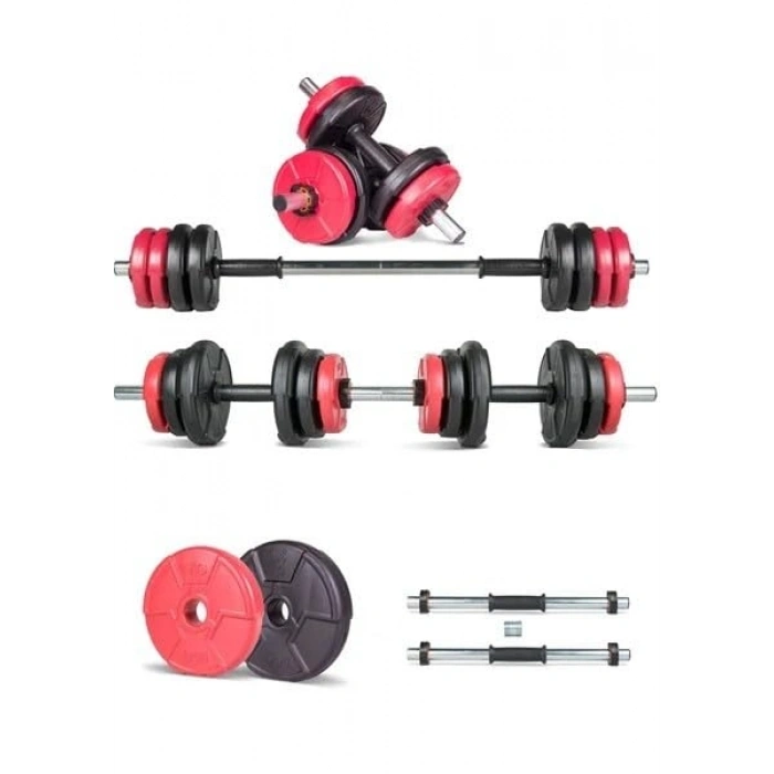 Multifonksiyonel Kırmızı Siyah Halter ve Dambıl Seti